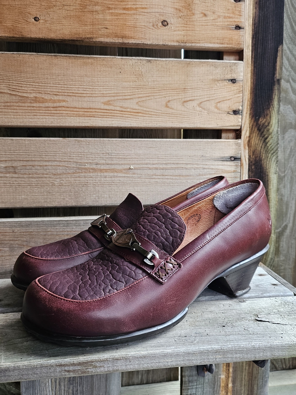 John Fluevog Burgundy Leather Heeled Loafers with Metal Bit